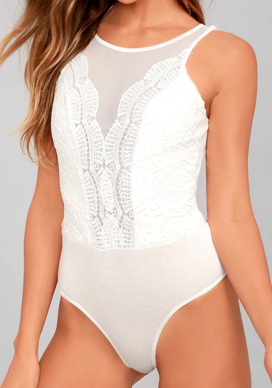 Lulus Small NWT white Cali Cantina lace bodysuit Top lingerie lace deep plunge